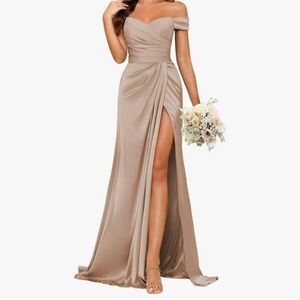 Elegant Off-Shoulder Tan Evening Gown